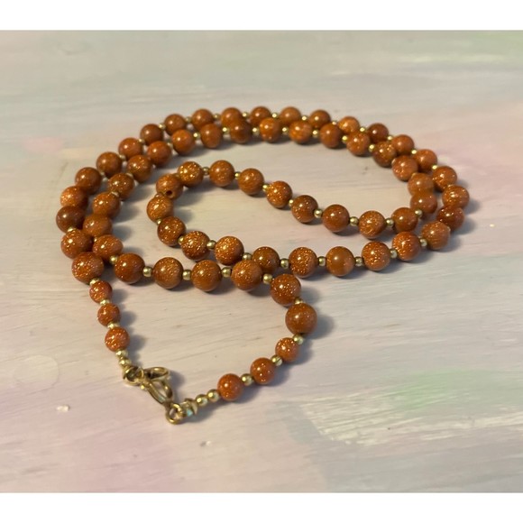 Vintage 21 Inch Necklace of Goldstone Beads with small Gold Tone Beads - Picture 1 of 5